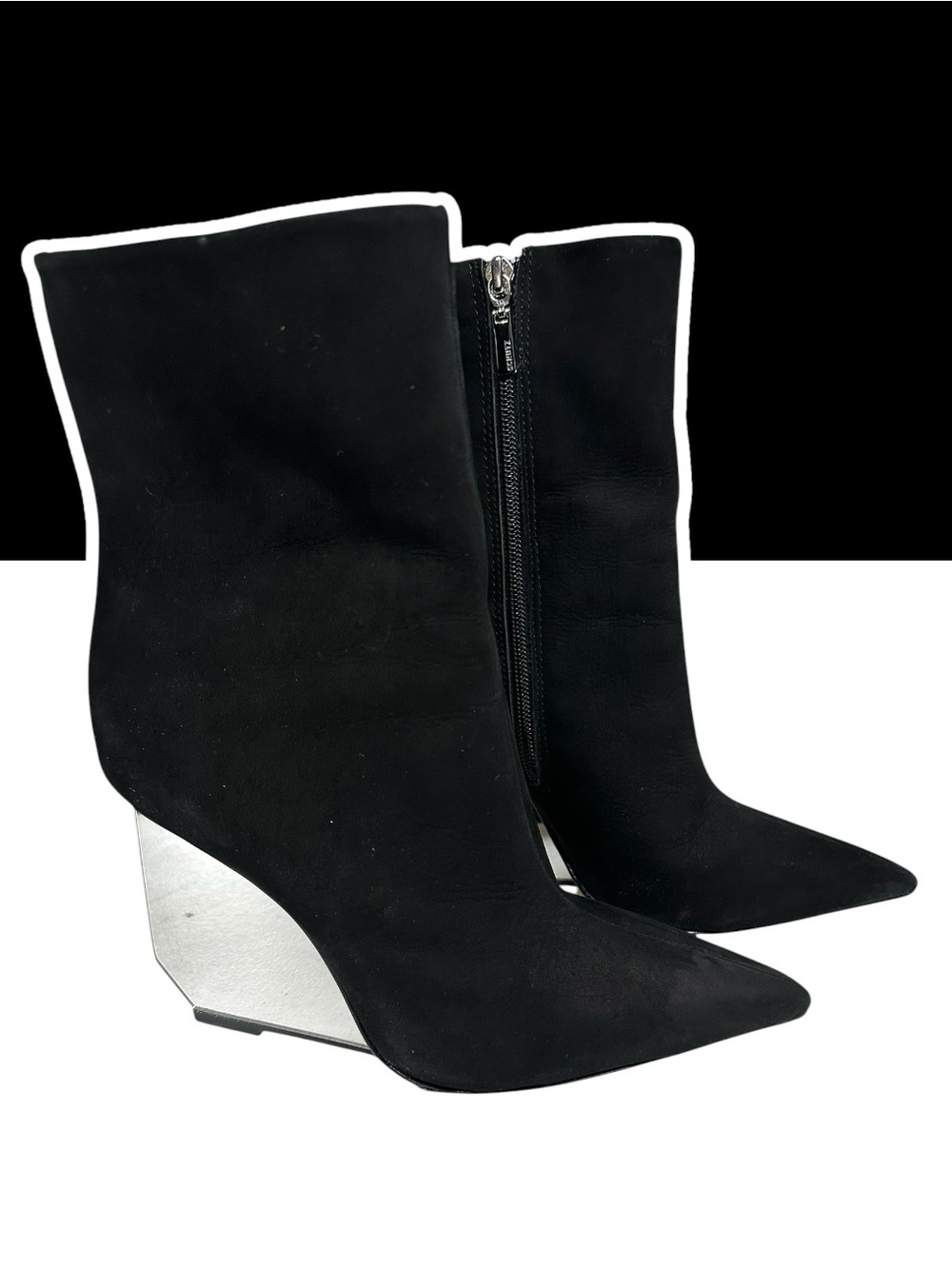 SCHUTZ Black Asya Mirror Nubuck Leather Bootie / Size 7 Goth Modern Avant Garde